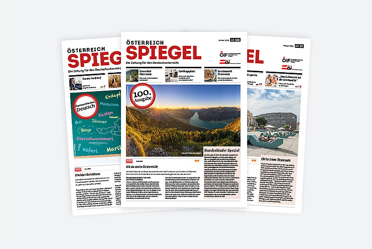 Cover drei Ausgaben Österreich Spiegel Drei Ausgaben des Österreich Spiegels mit hellem Hintergrund.