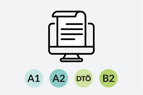 Übersicht Ein Icon mit einem Online-Übungstest und den darunter stehenden Niveaustufen A1, A2, DTÖ und B2.