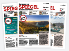 Cover drei Ausgaben Österreich Spiegel klein Drei Ausgaben des Österreich Spiegels mit hellem Hintergrund.