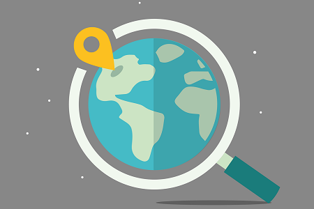 Weltkugel und Lupe Weltkugel mit Markierungspunkt und einer Lupe