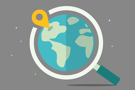 Weltkugel und Lupe Weltkugel mit Markierungspunkt und einer Lupe