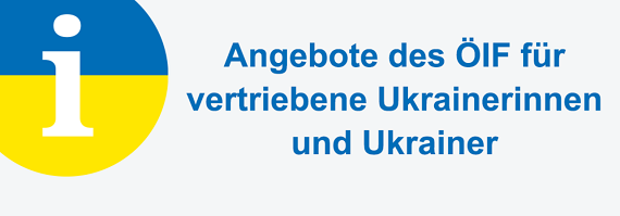 Header Ukraine Grafik mit Text "Angebote des ÖIF für vertriebene Ukrainerinnen und Ukrainer".